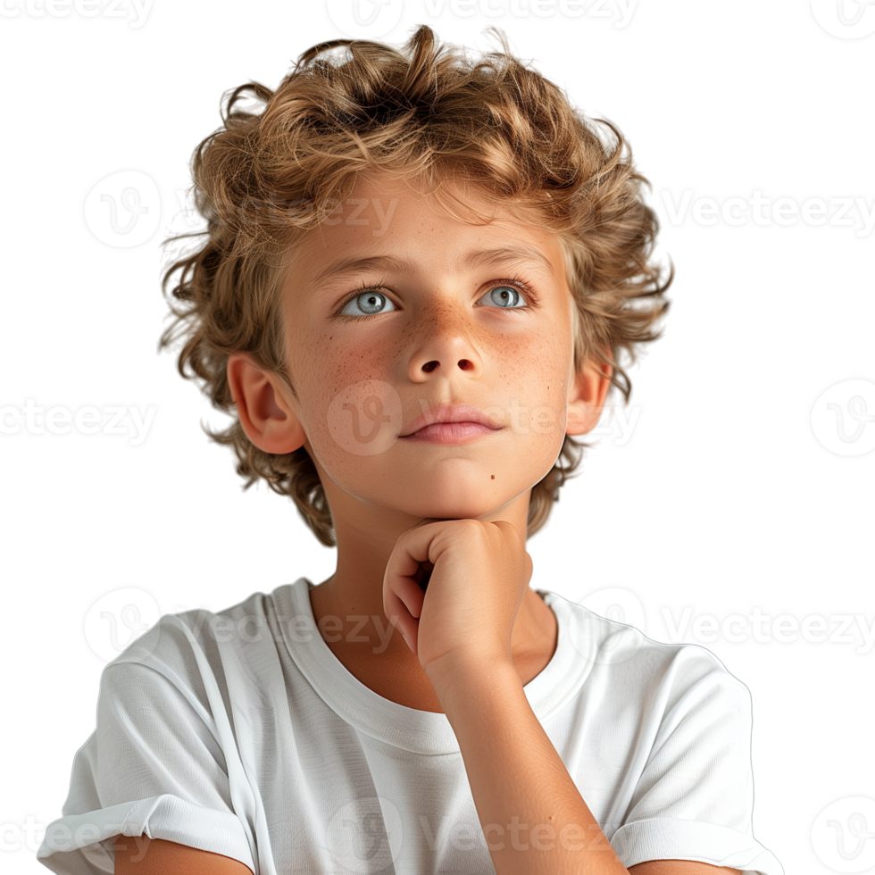 AI generated Close up Boy touching chin and thinking isolated on transparent background png