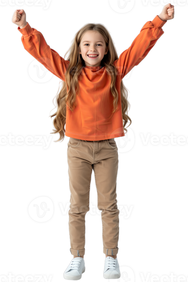 AI generated Young girl standing in celebration of success isolated on a transparent PNG background