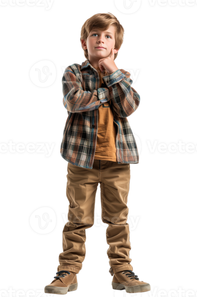 AI generated Full body portrait of Boy touching chin and thinking isolated on transparent background png