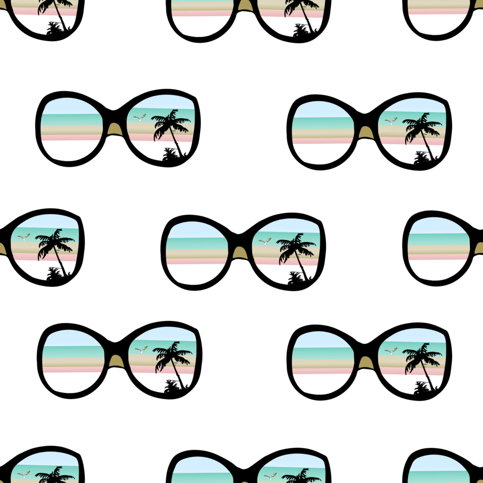 Pattern of sunglasses with palm trees. Retro pattern. Seamless illustration of a summer vibe png