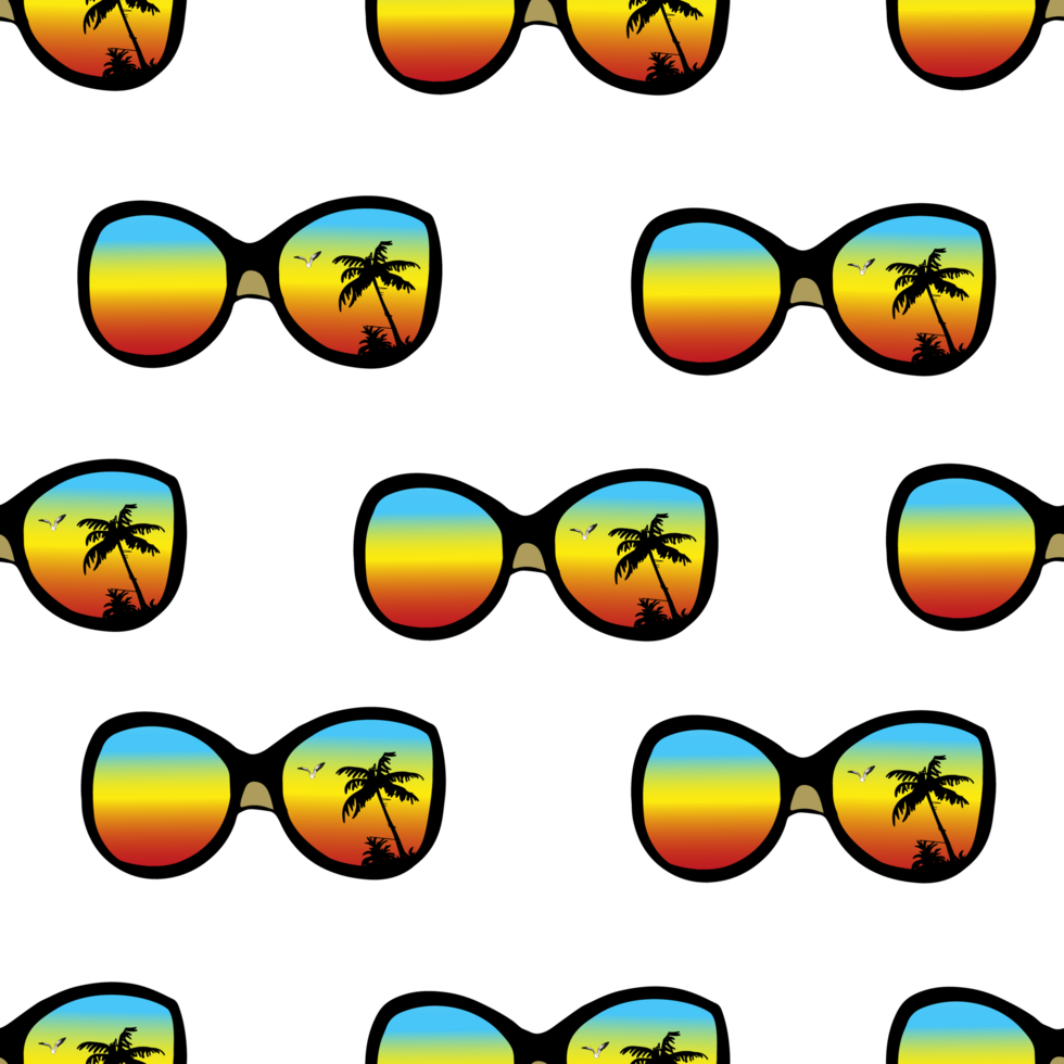 Pattern of sunglasses with palm trees. Retro pattern. Seamless illustration of a summer vibe png