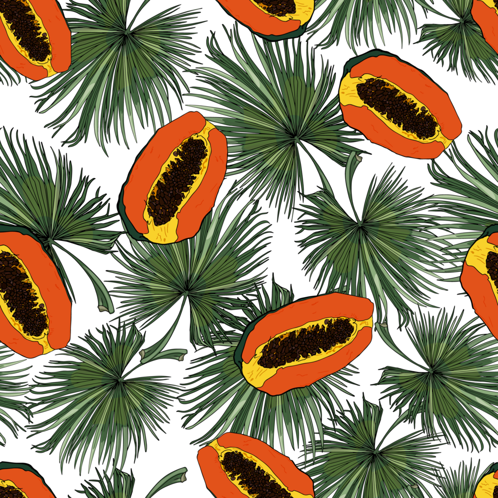 Pattern is tropical. Palm and papaya leaves. Exotic fruits. Print for wrapping paper. textiles, preparation for designers png