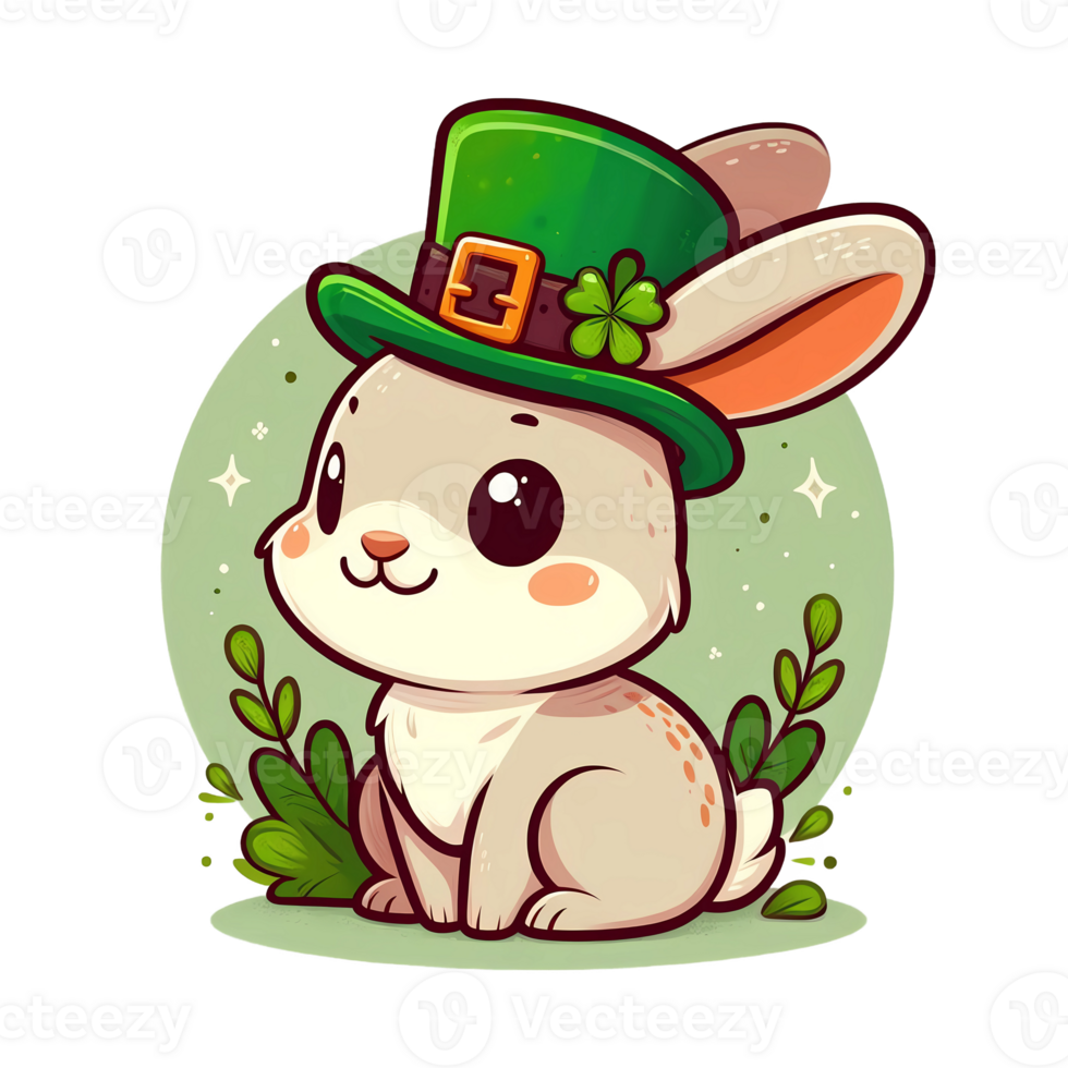 AI generated Cute Cartoon Rabbit Wearing a Green Hat and Clover for St Patrick Day png