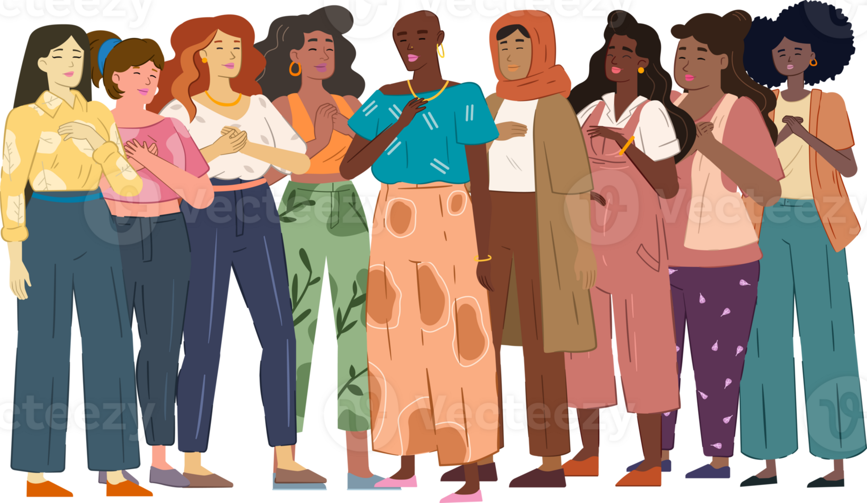Illustration of a group diverse women, each with different body type and race. Women power, feminism, empowerment, diversity and body positive. png