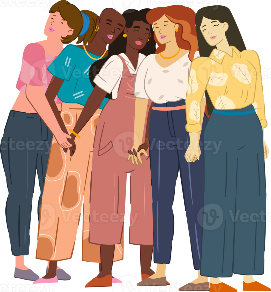 Illustration of a group diverse women, each with different body type and race. Women power, feminism, empowerment, diversity and body positive. png
