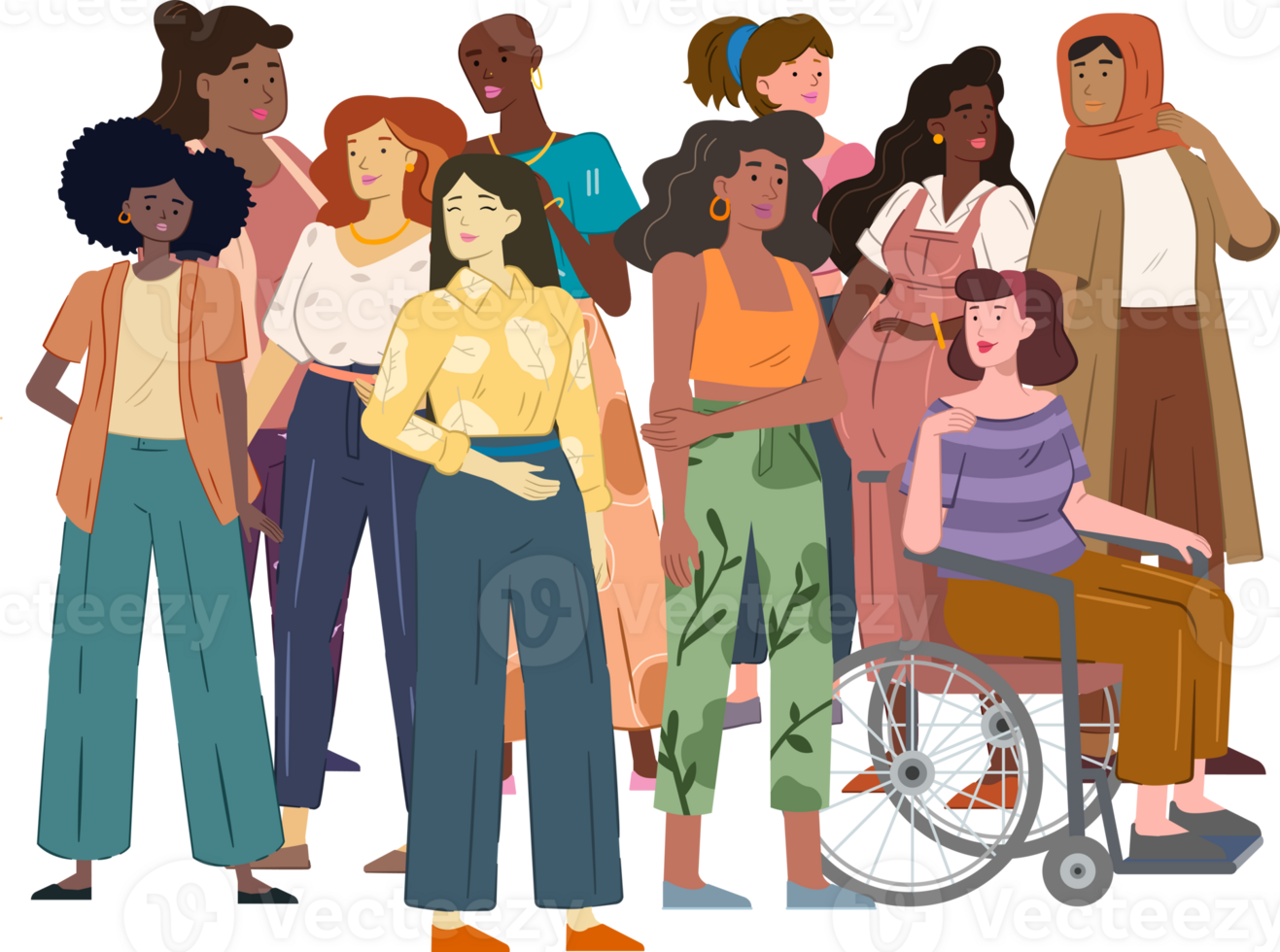 Illustration of a group diverse women, each with different body type and race. Women power, feminism, empowerment, diversity and body positive. png