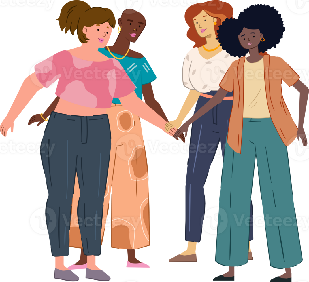 Illustration von ein Gruppe vielfältig Frauen, jeder mit anders Körper Art und Wettrennen. Frauen Leistung, Feminismus, Ermächtigung, Vielfalt und Körper positiv. png