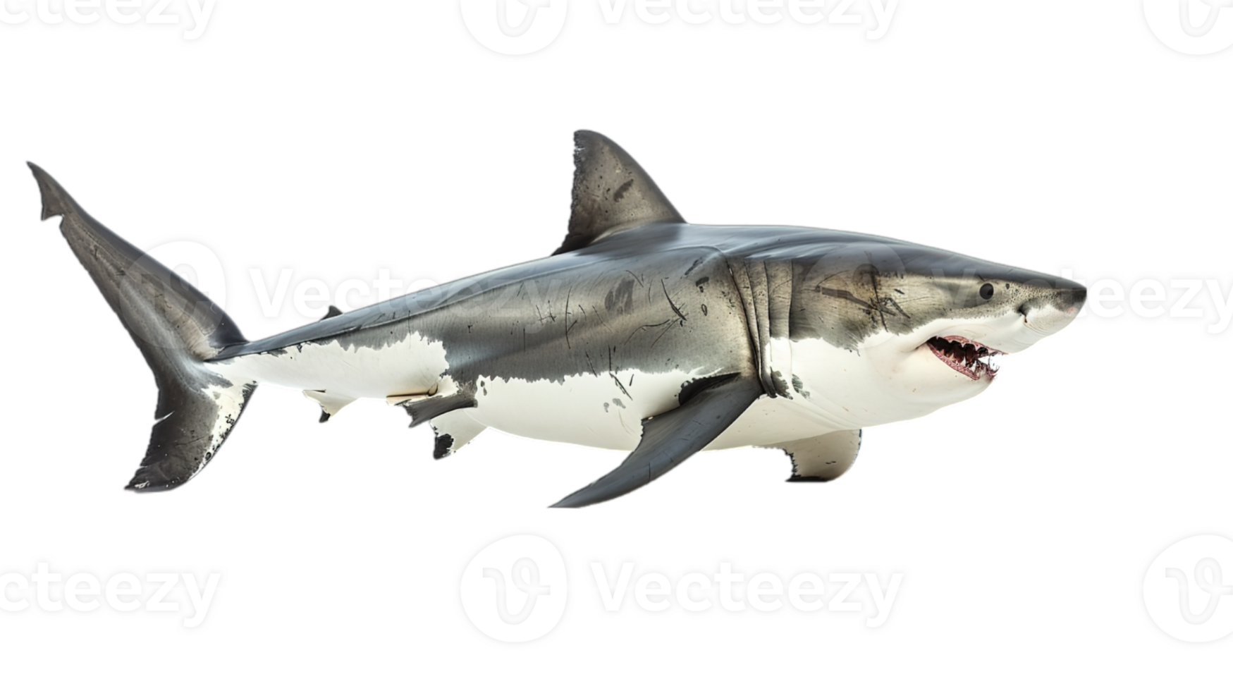 AI generated dominant great white shark prowling the deep blue sea, isolated on transparent background png