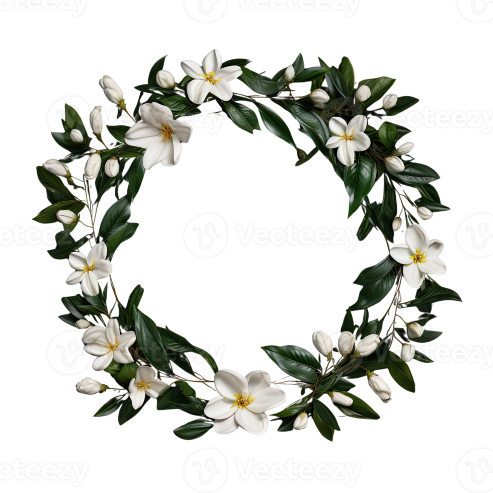 AI generated Wreath of flowers, flower wreath round frame borders, floral decoration, transparent background, Flat lay, top view png