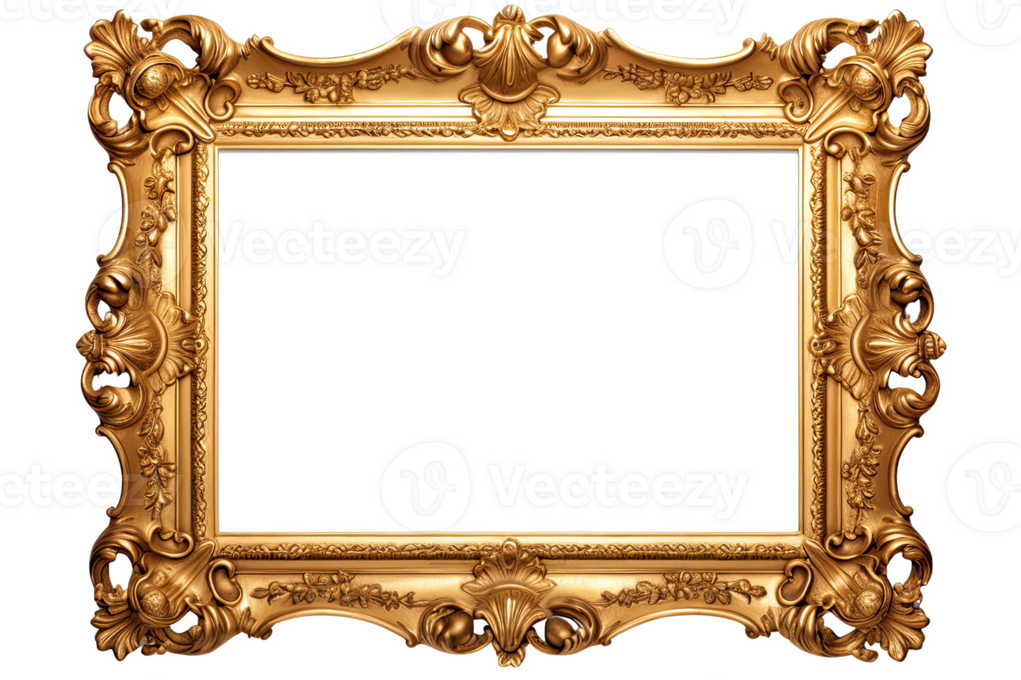 AI generated Golden wooden frame isolated on transparent background, Patterned and Vintage picture frame PNG format