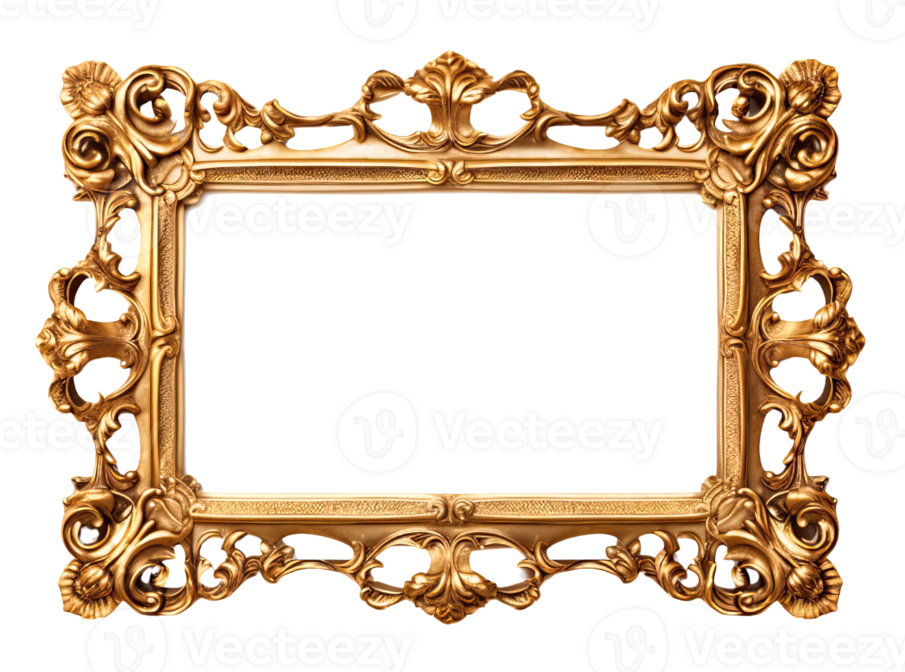 AI generated Golden wooden frame isolated on transparent background, Patterned and Vintage picture frame PNG format