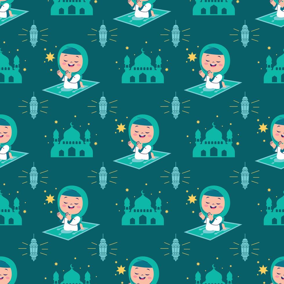 PRAYING ISLAMIC GIRL IN HIJAB WITH MOSQUE AND LANTERN SEAMLESS PATTERN vector