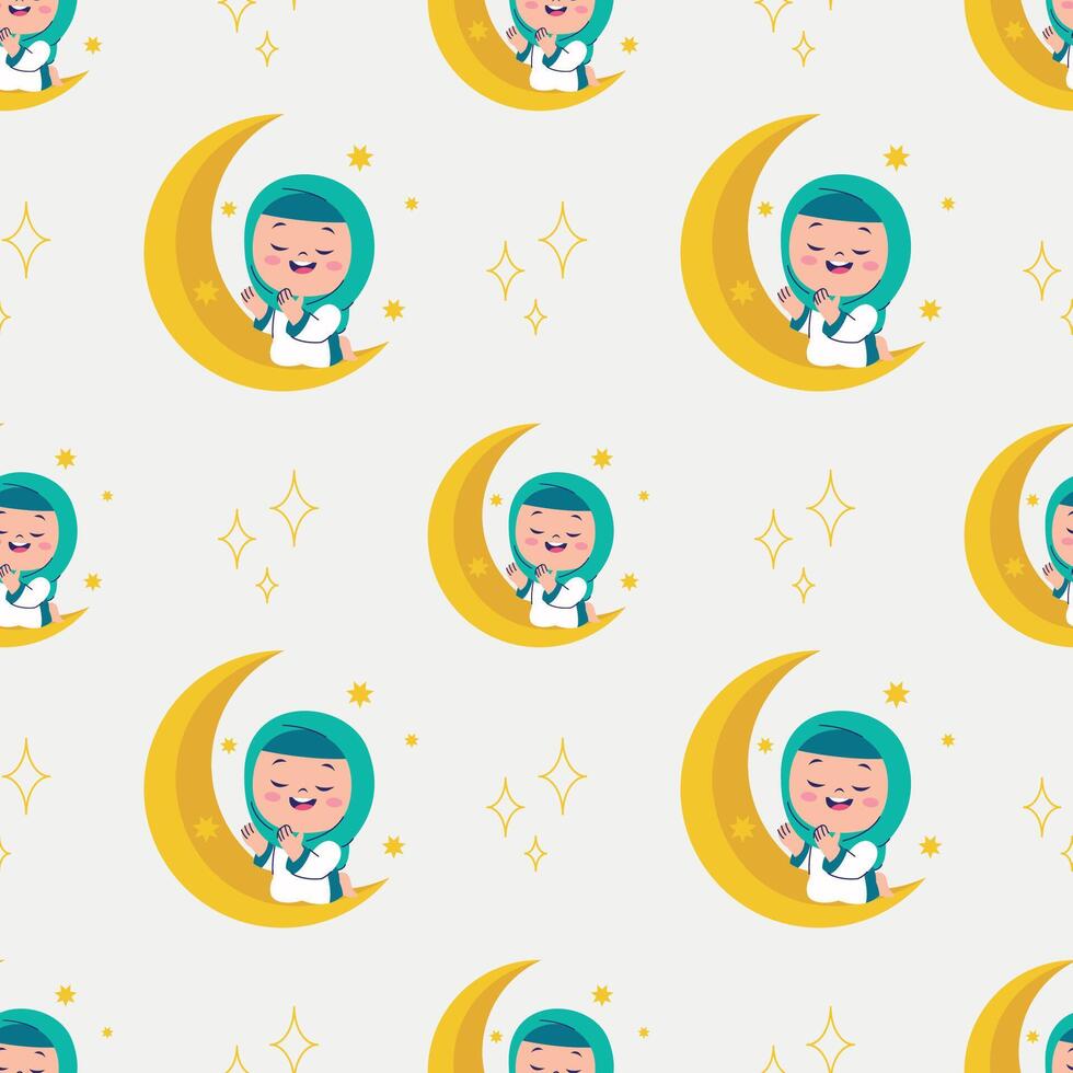 CUTE ISLAMIC GIRL IN HIJAB IS PRAYING ON THE MOON SEAMLESS PATTERN vector