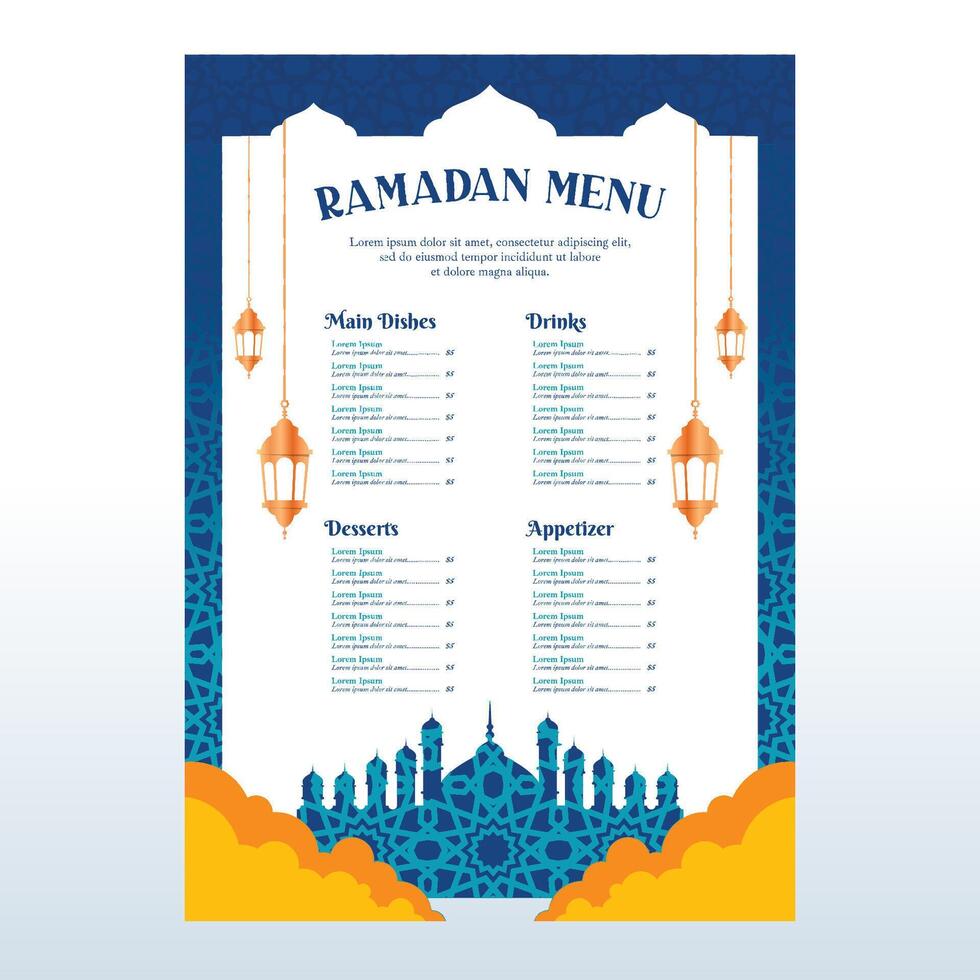 Blue Islamic Background Menu Design with Simple Ornaments vector