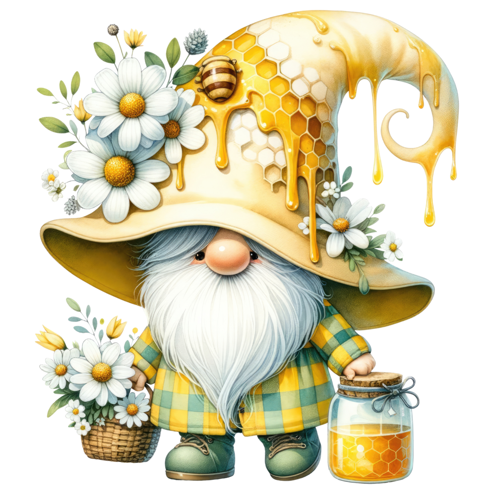 ai generato apicoltore gnomo con miele e fiori illustrazione png