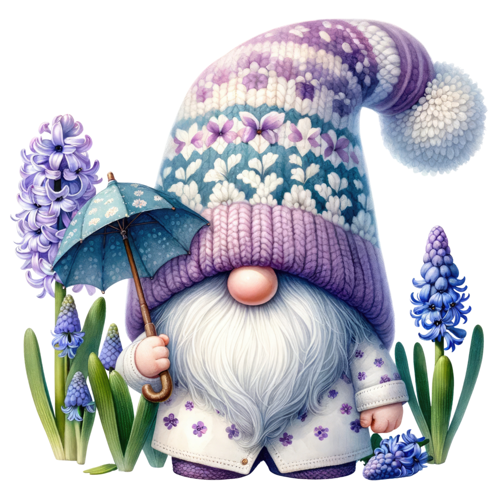 AI generated Lavender Themed Gnome with Hyacinth Flowers png