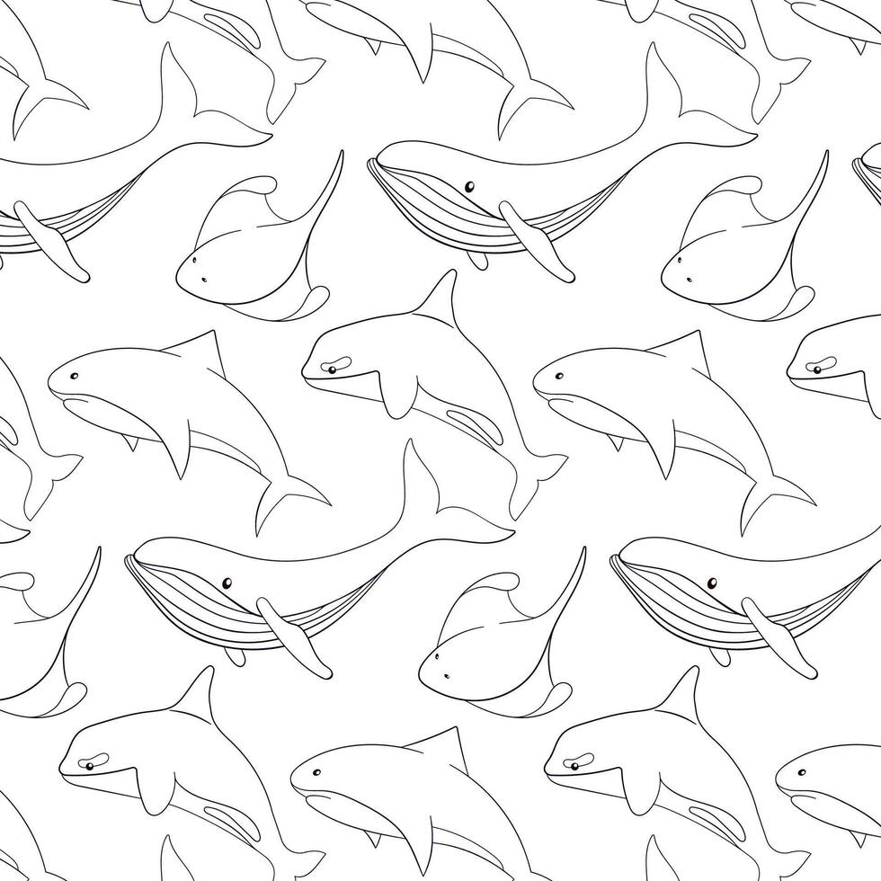 Undersea and ocean animals pattern in line art style. Wild marine creatures shark, blue whale, stingray and killer whale. Vector illustration on a white background.