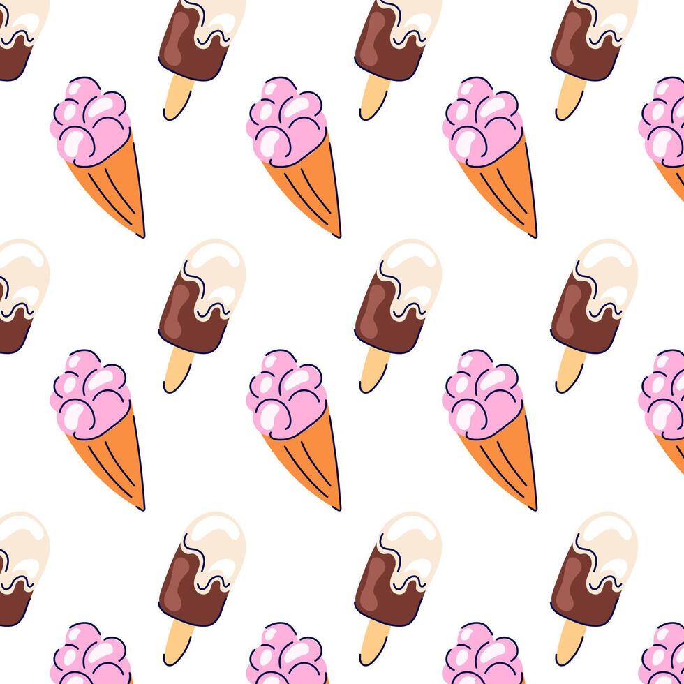 Ice cream pattern in cartoon style. Line art design for textile, grocery store. Vector illustration isolated on a white background.