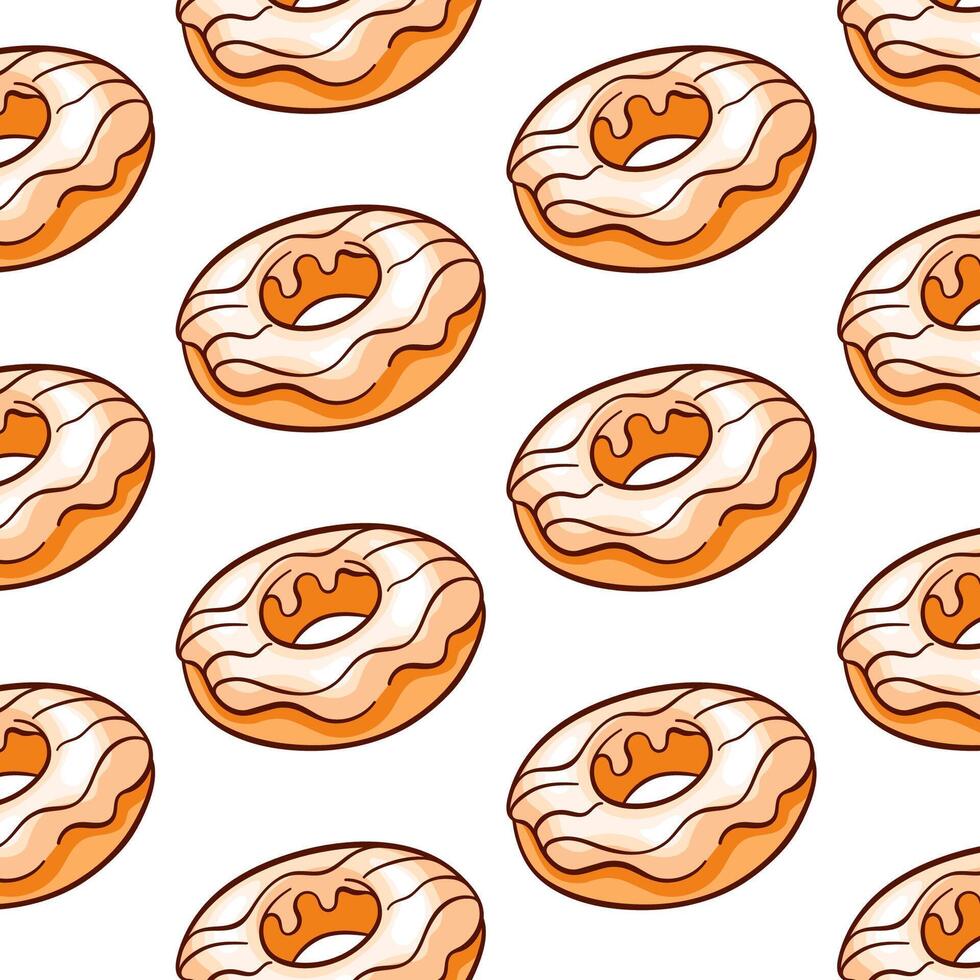 Donut pattern with vanilla icing in cartoon style. Doughnut simple line wallpaper for bakery and restaurant menu. Vector illustration on a white background.