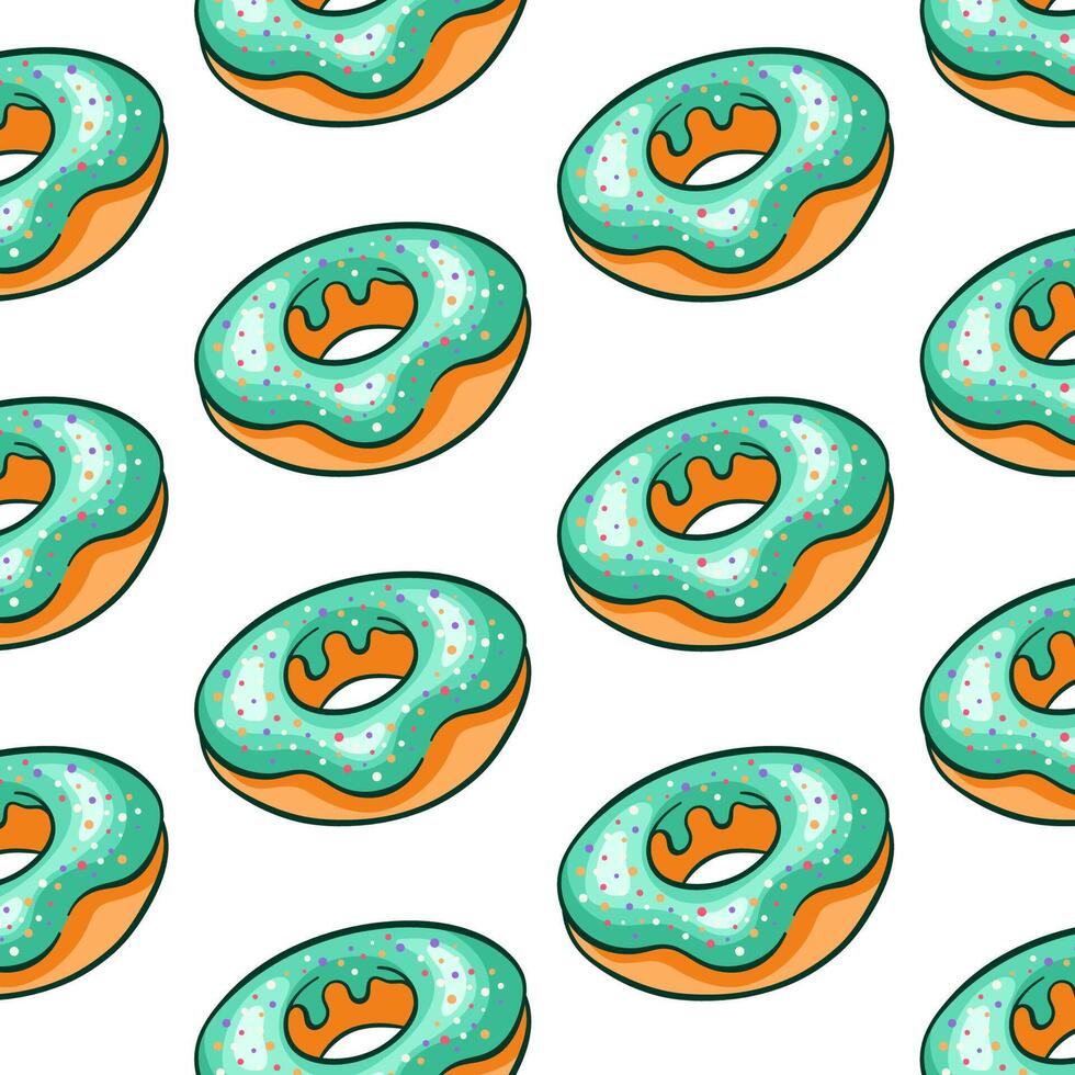 Donut pattern with turquoise frosting and sprinkles in cartoon style. Simple wallpaper line design for food apps, bakery and cafe. Vector illustration on a white background.