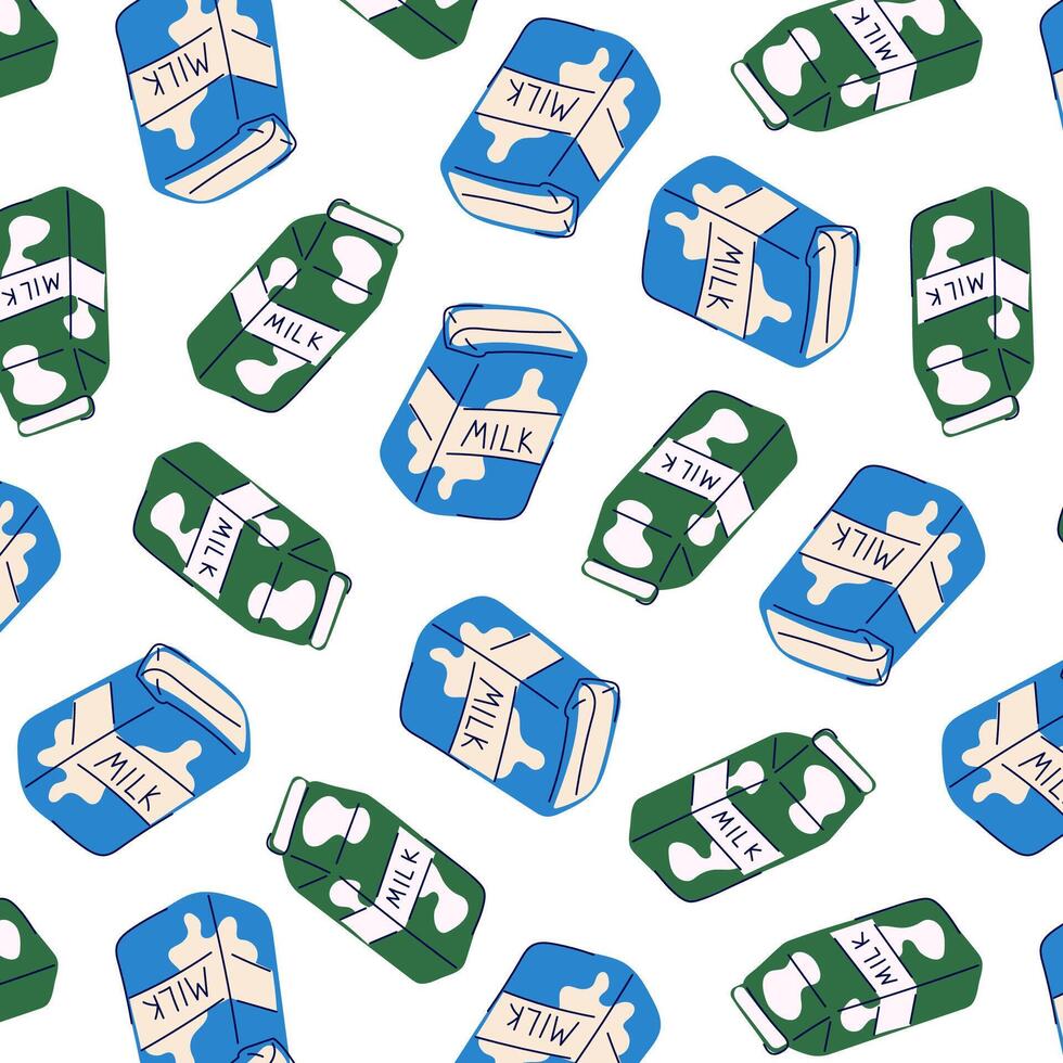 Milk dairy product pattern in cartoon style. Wallpaper design for grocery, food store. Vector illustration on a white background.