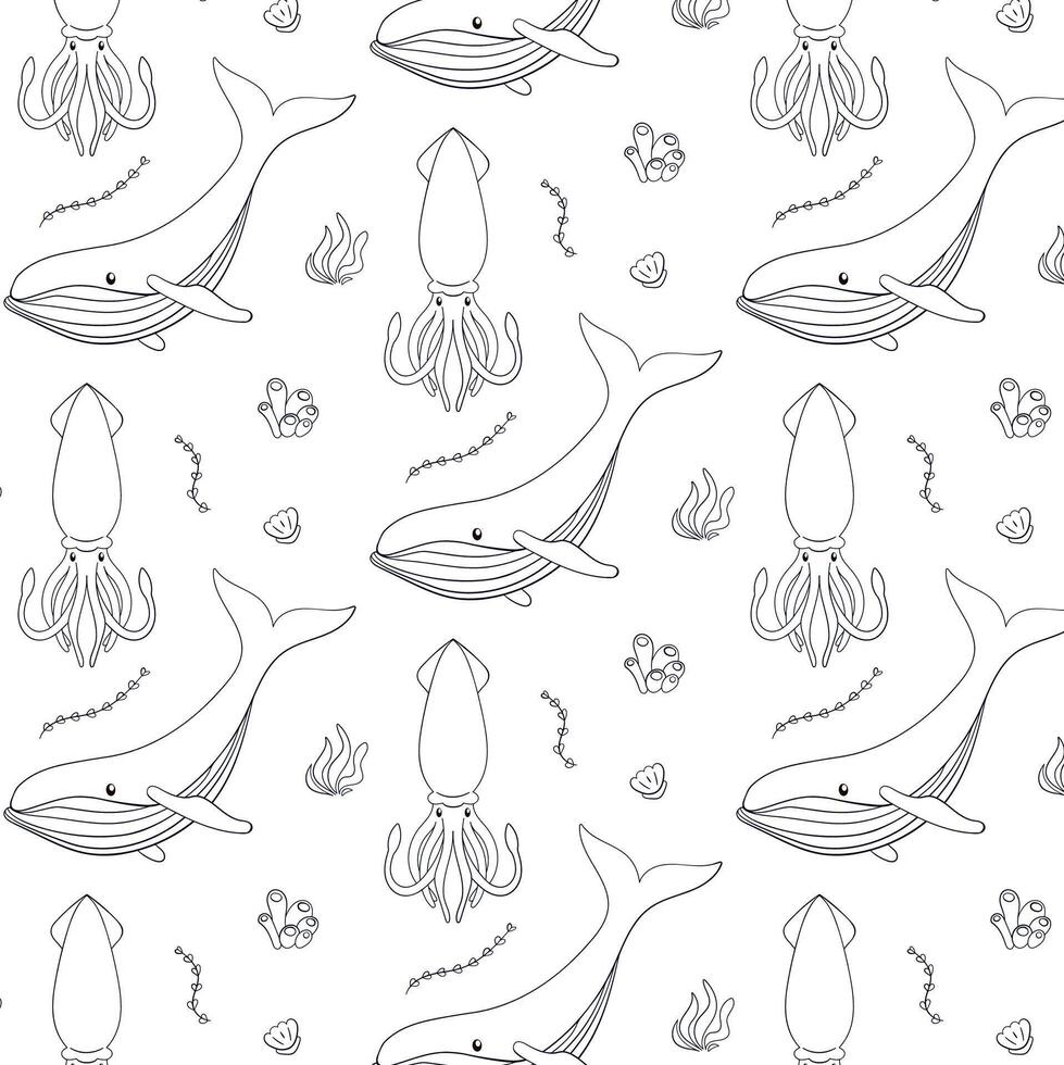 Undersea pattern in line art style. Sea animals squid, blue whale, coral, seashell and seaweed. Vector illustration on a white background.