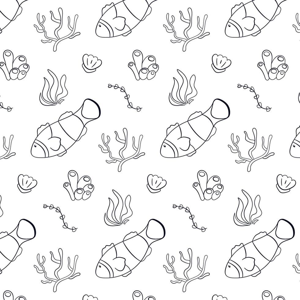 Clown fish pattern in line art style. Undersea life design with coral, fish, seashell and seaweed. Vector illustration on a white background.