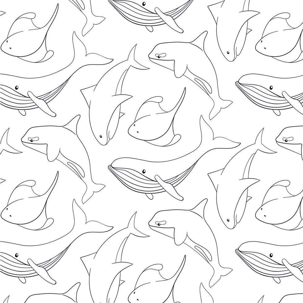 Undersea and ocean animals pattern in line art style. Cute shark, blue whale, stingray and killer whale. Wild life marine creatures. Vector illustration on a white background.