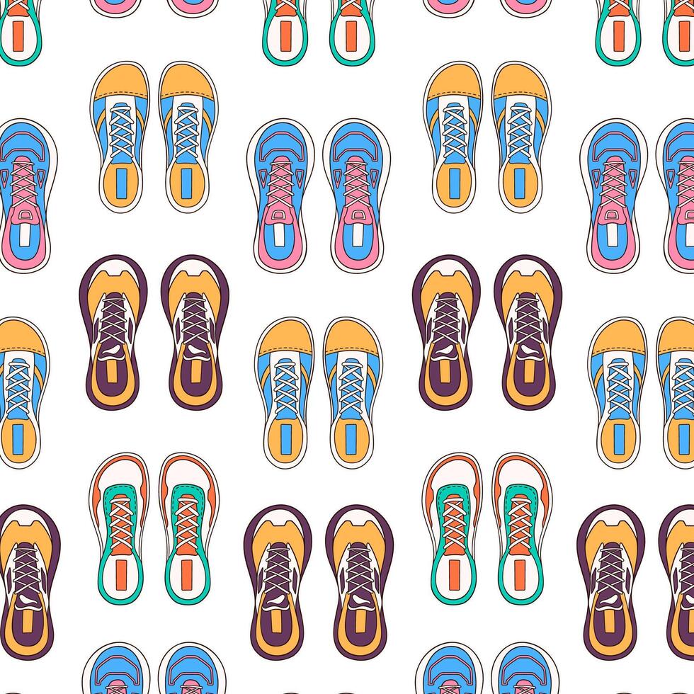 Cartoon style sneakers pattern. Casual footwear, fitness training shoes. Vector illustration on a white background.