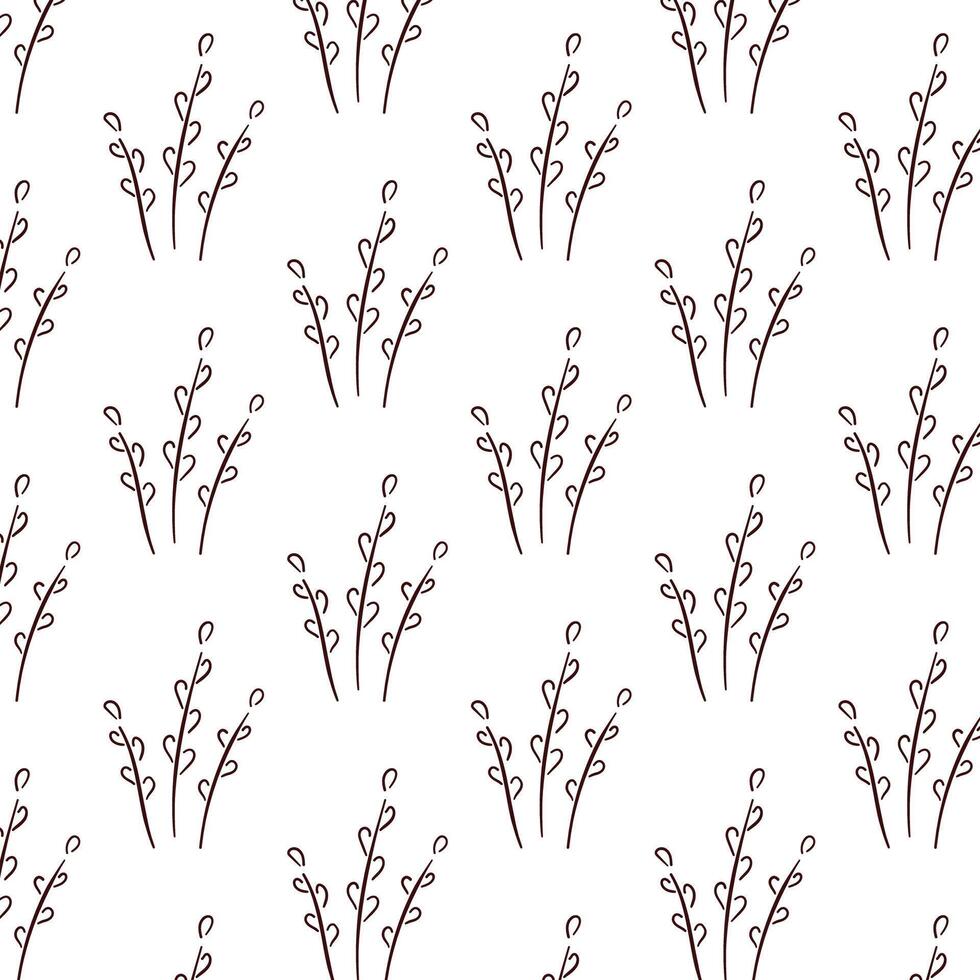 Simple willow seamless pattern in outline, line art style. Hand drawn background with silhouette of black branch. Vector illustration.