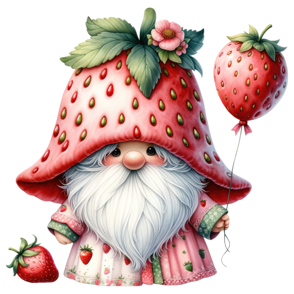 AI generated Whimsical gnome with a strawberry hat and cloak, surrounded by strawberries, in a fantasy illustration. png
