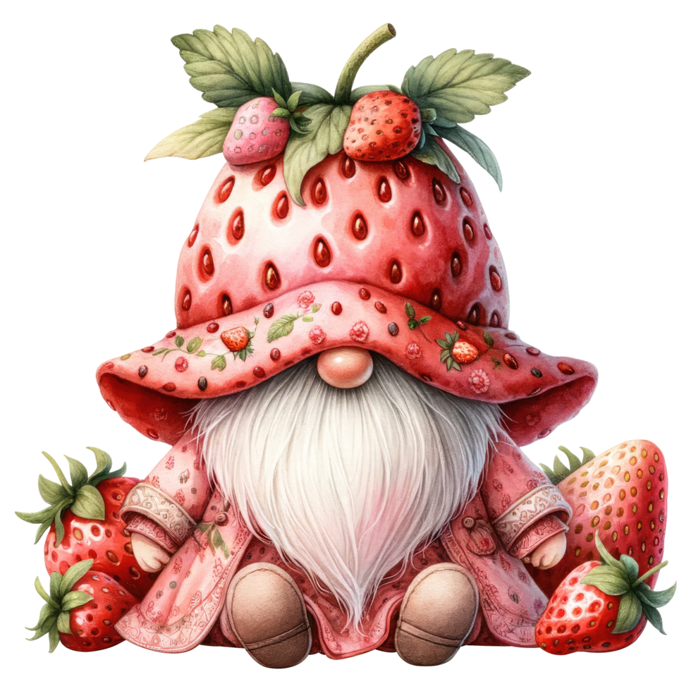 AI generated Whimsical gnome with a strawberry hat and cloak, surrounded by strawberries, in a fantasy illustration. png