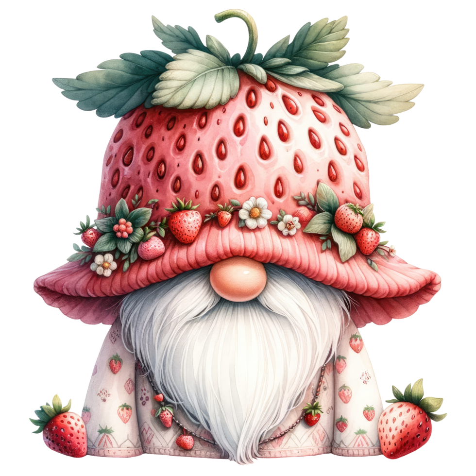 AI generated Whimsical gnome with a strawberry hat and cloak, surrounded by strawberries, in a fantasy illustration. png