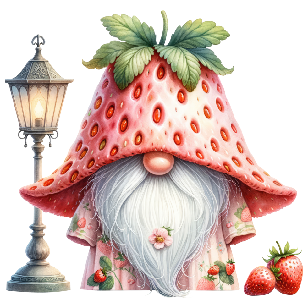 AI generated Whimsical gnome with a strawberry hat and cloak, surrounded by strawberries, in a fantasy illustration. png
