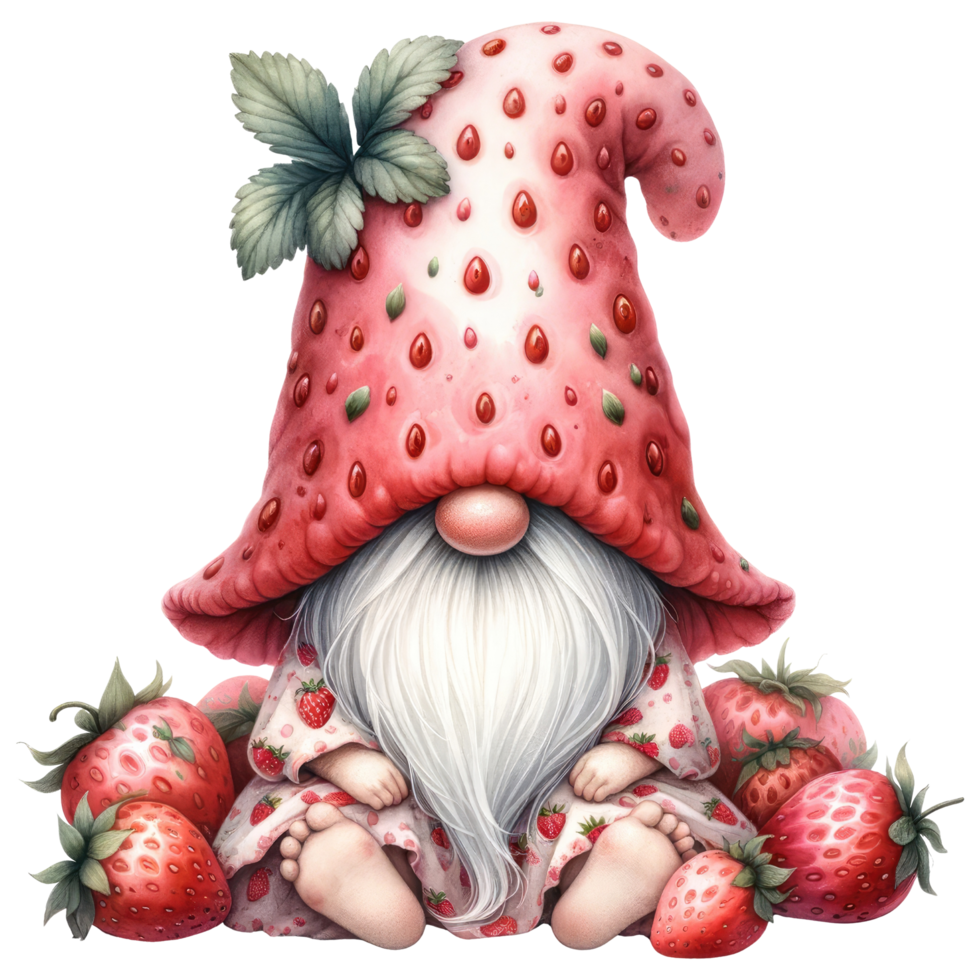 AI generated Whimsical gnome with a strawberry hat and cloak, surrounded by strawberries, in a fantasy illustration. png