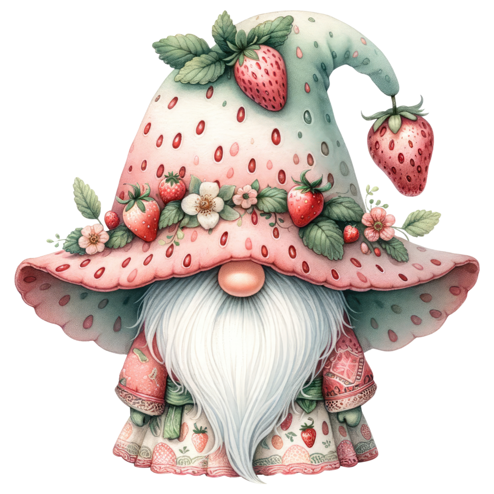 AI generated Whimsical gnome with a strawberry hat and cloak, surrounded by strawberries, in a fantasy illustration. png