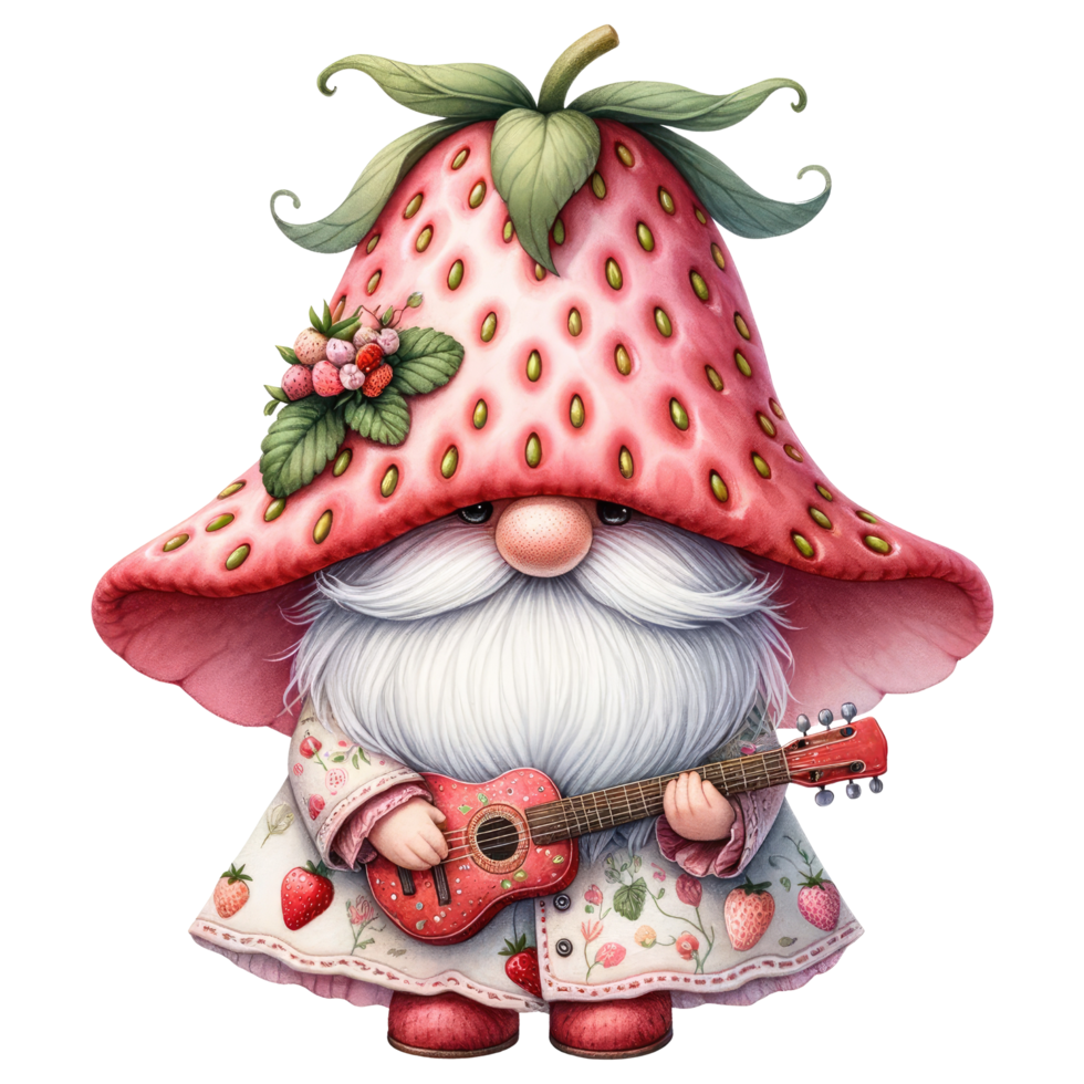 AI generated Whimsical gnome with a strawberry hat and cloak, surrounded by strawberries, in a fantasy illustration. png