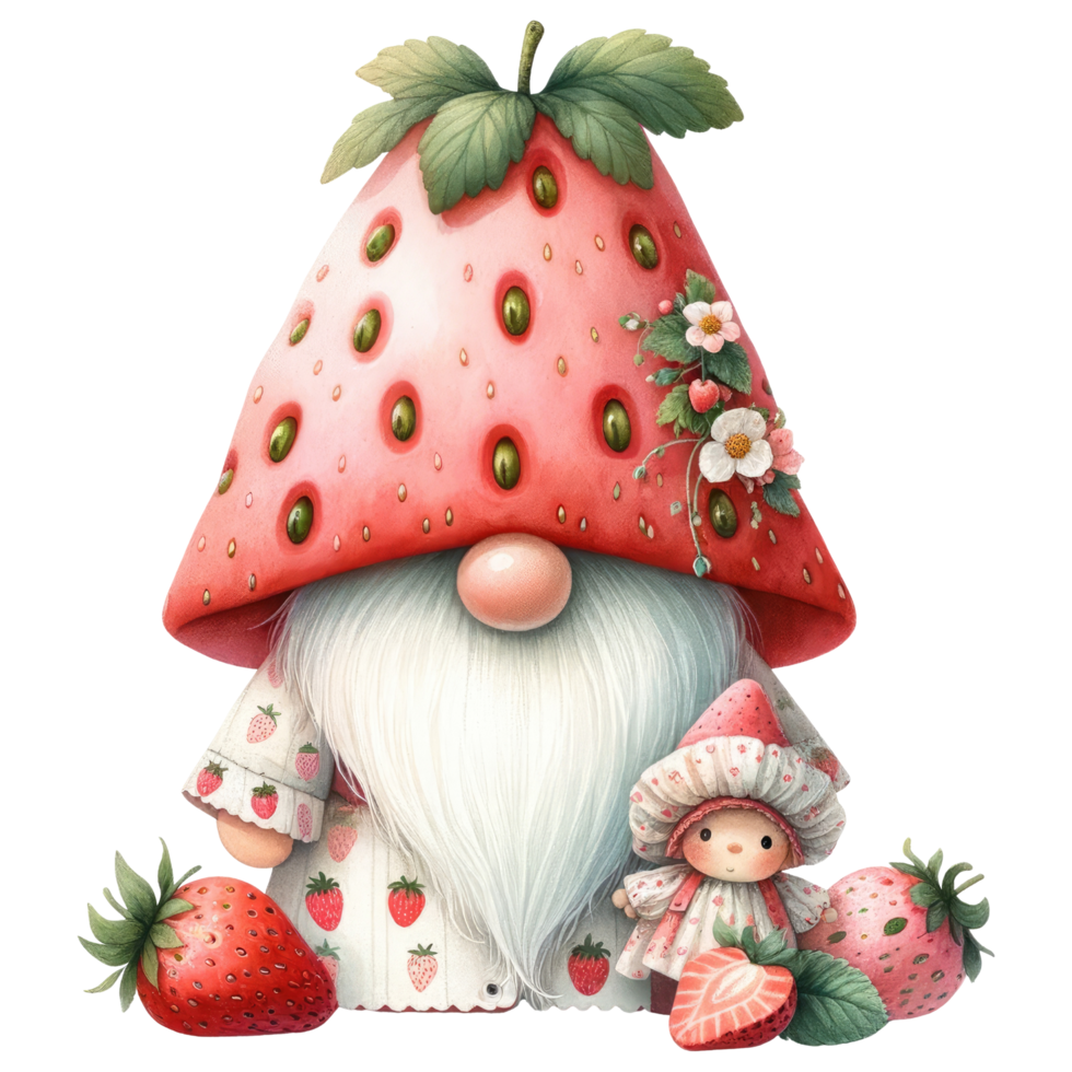 AI generated Whimsical gnome with a strawberry hat and cloak, surrounded by strawberries, in a fantasy illustration. png