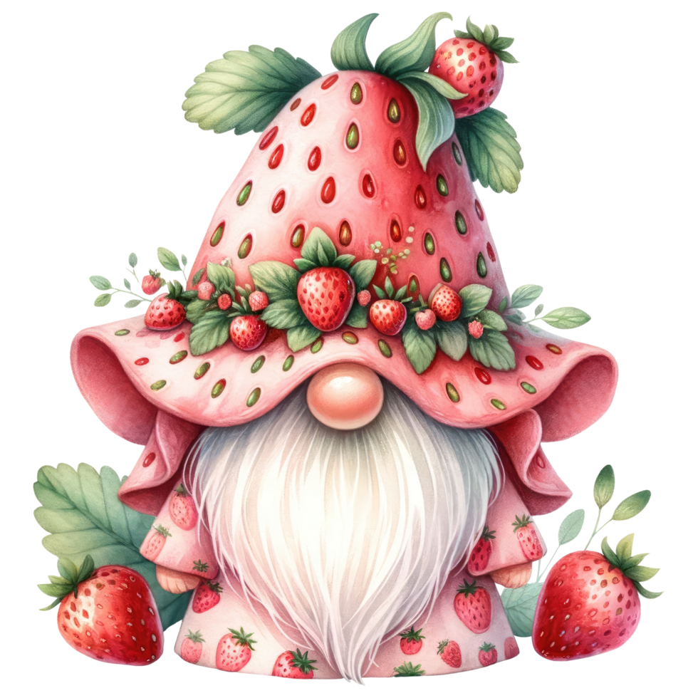 AI generated Whimsical gnome with a strawberry hat and cloak, surrounded by strawberries, in a fantasy illustration. png