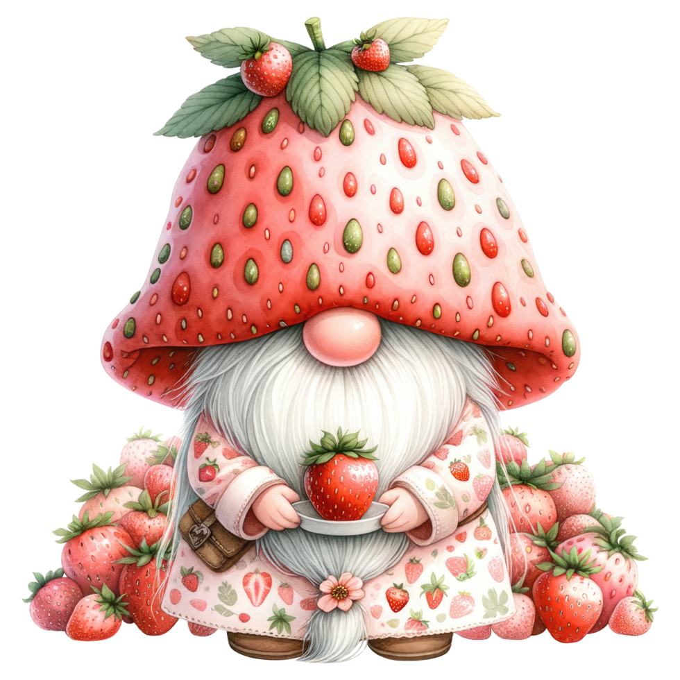 AI generated Whimsical gnome with a strawberry hat and cloak, surrounded by strawberries, in a fantasy illustration. png