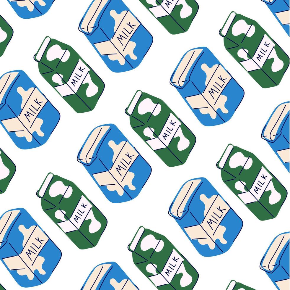pattern with milk packaging in cartoon style. Flat design for textile, wallpaper. Vector illustration on a white background.