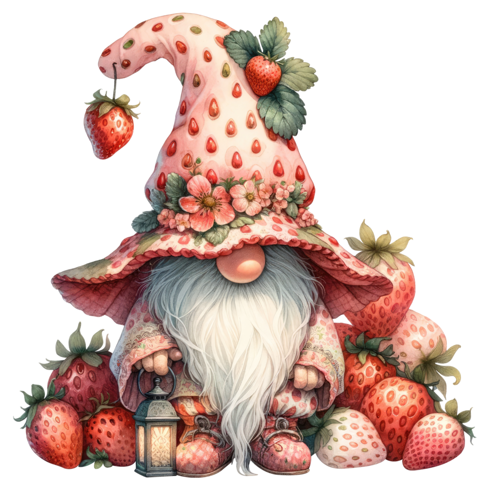 AI generated Whimsical gnome with a strawberry hat and cloak, surrounded by strawberries, in a fantasy illustration. png
