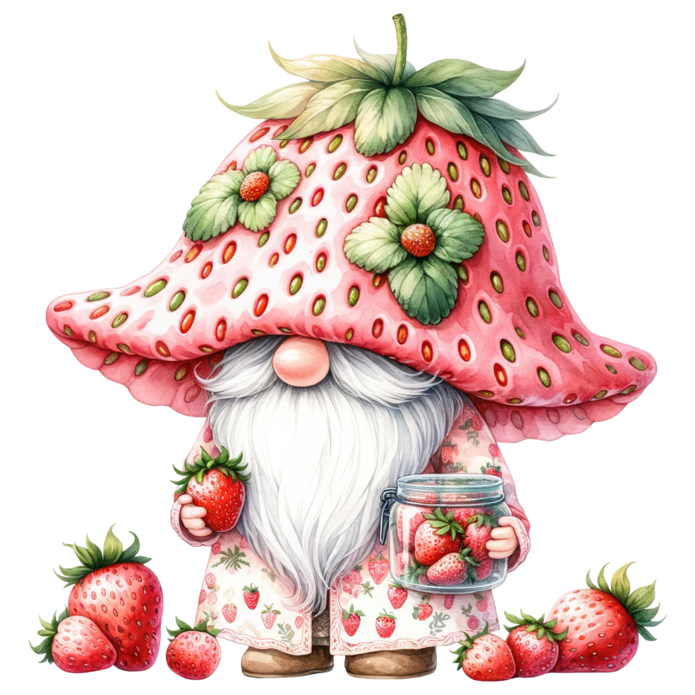 AI generated Whimsical gnome with a strawberry hat and cloak, surrounded by strawberries, in a fantasy illustration. png