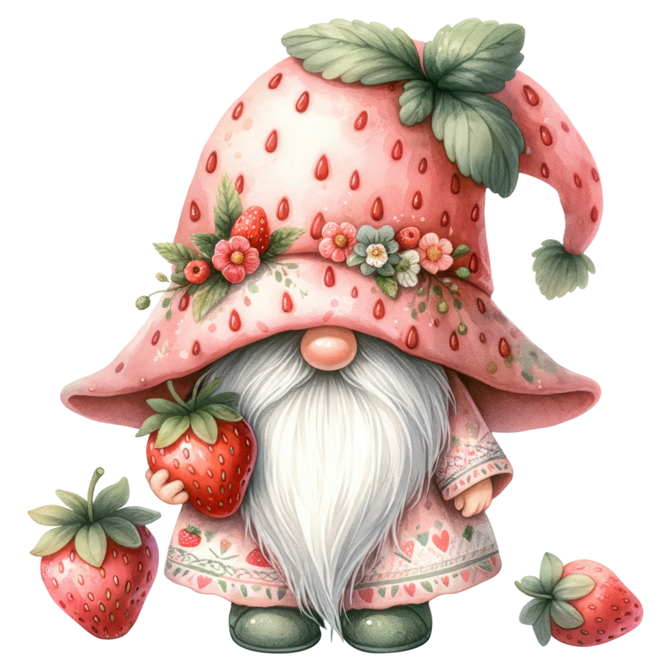 AI generated Whimsical gnome with a strawberry hat and cloak, surrounded by strawberries, in a fantasy illustration. png