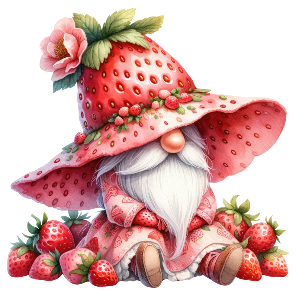 AI generated Whimsical gnome with a strawberry hat and cloak, surrounded by strawberries, in a fantasy illustration. png