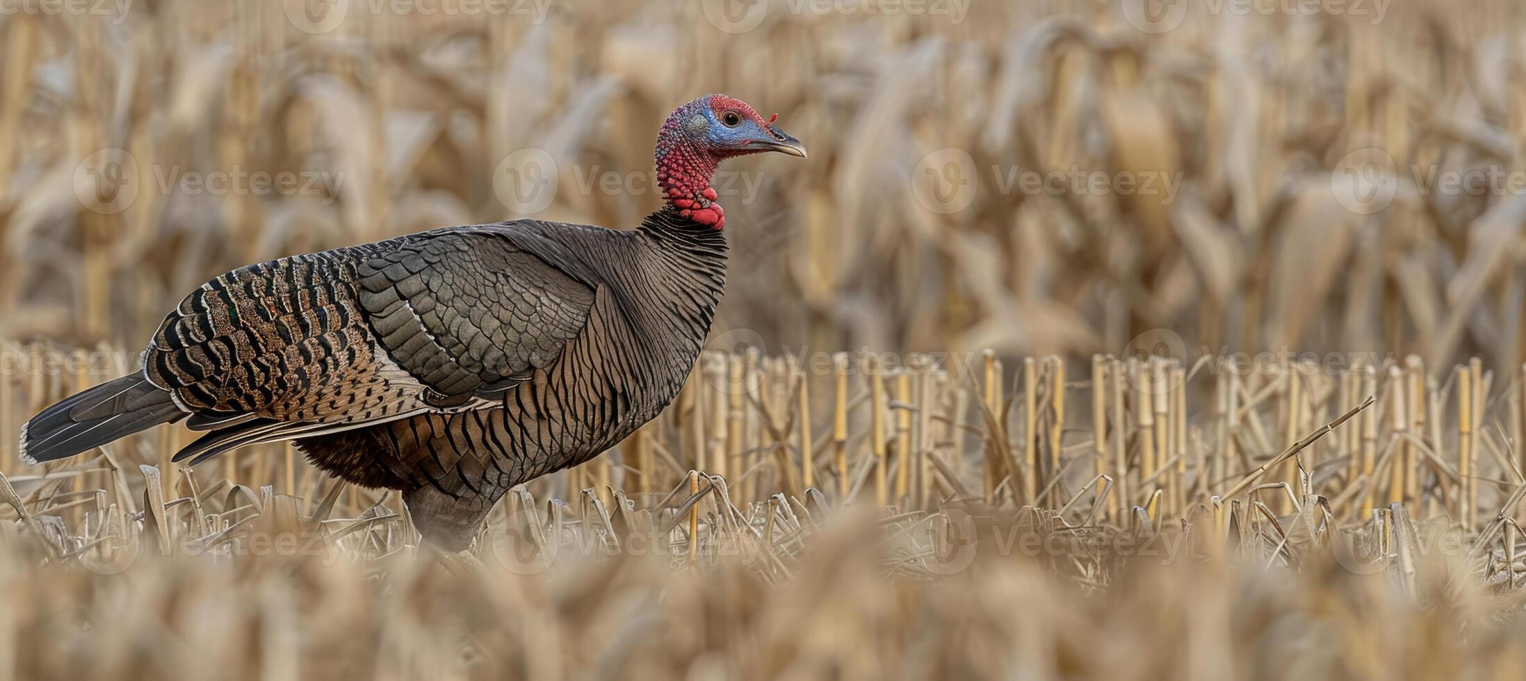 AI generated Majestic turkey striding gracefully through a cornfield after harvest in the fall photo