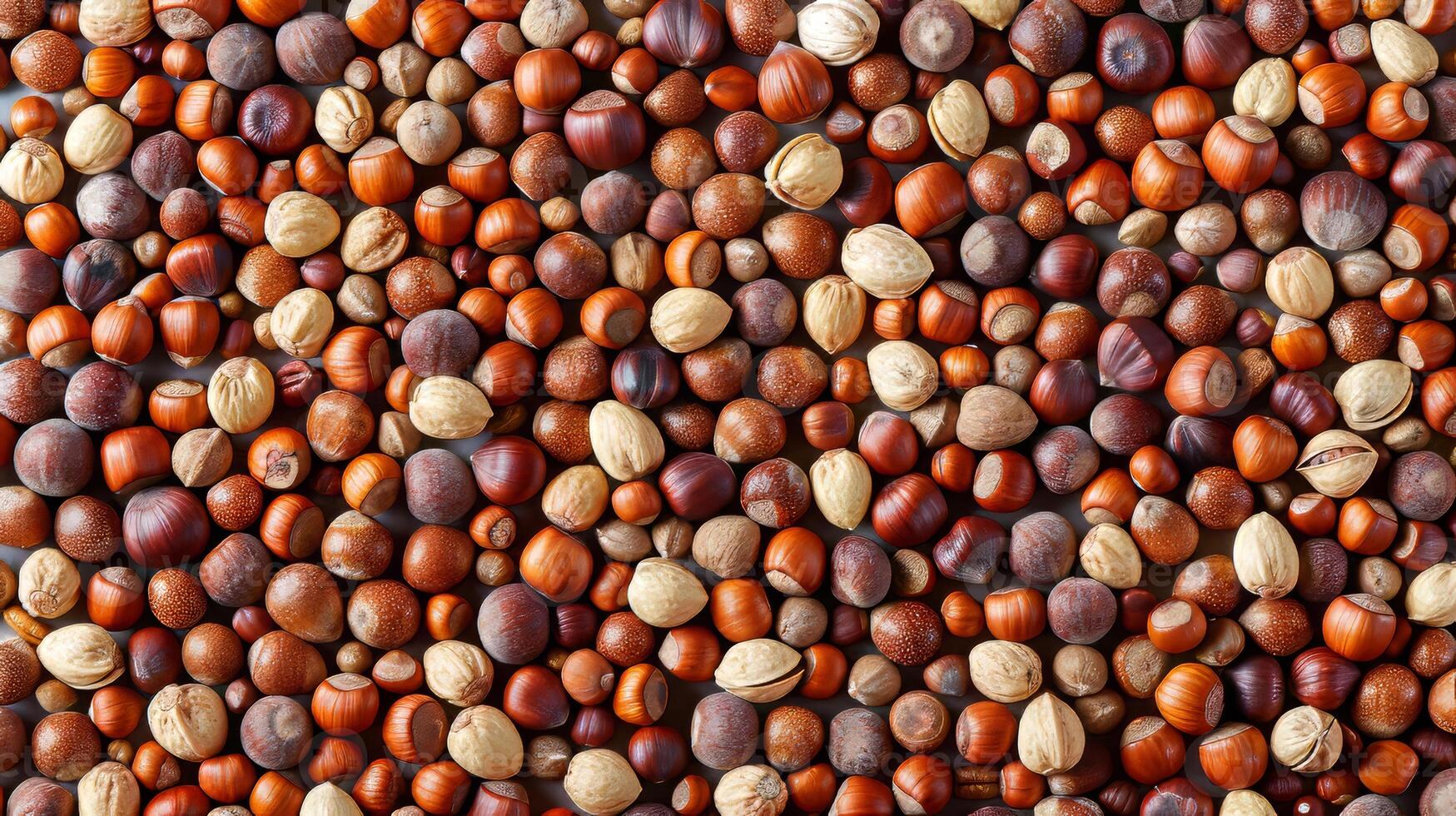 AI generated Assorted nuts in natural pattern, top view background for creative projects and design inspiration photo