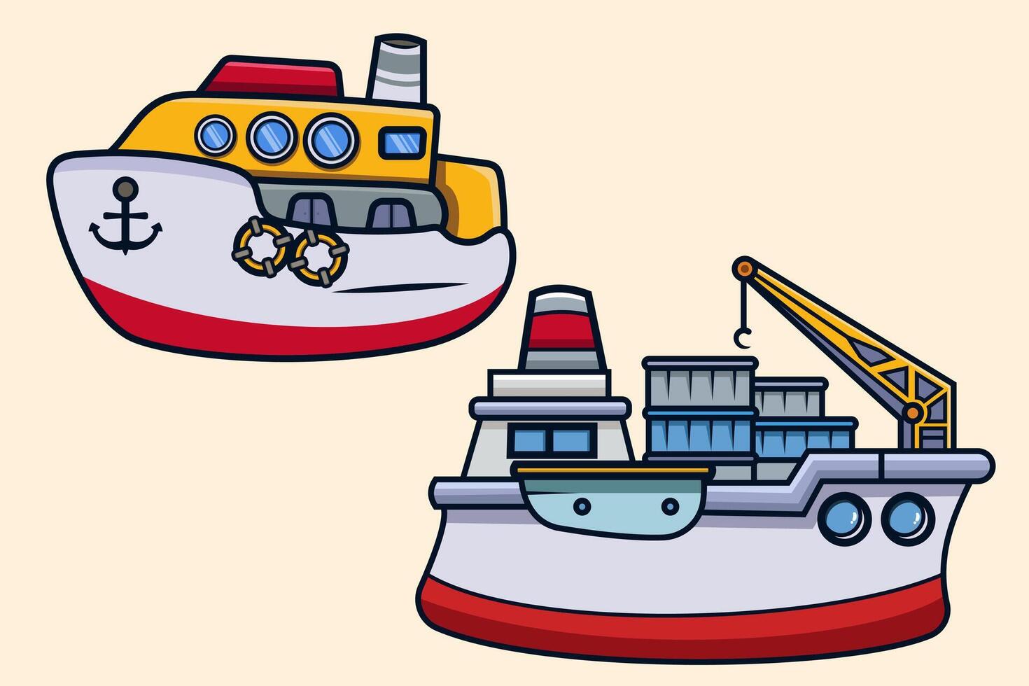 set ship transportation of sea water Colorful vector illustration for children for educational book