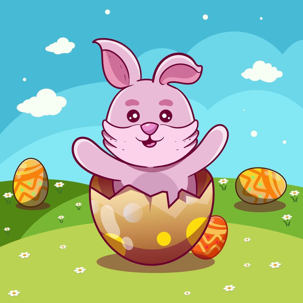 linda Conejo con Pascua de Resurrección huevos, contento Pascua de Resurrección conejito de contento Pascua de Resurrección deseos saludo vector