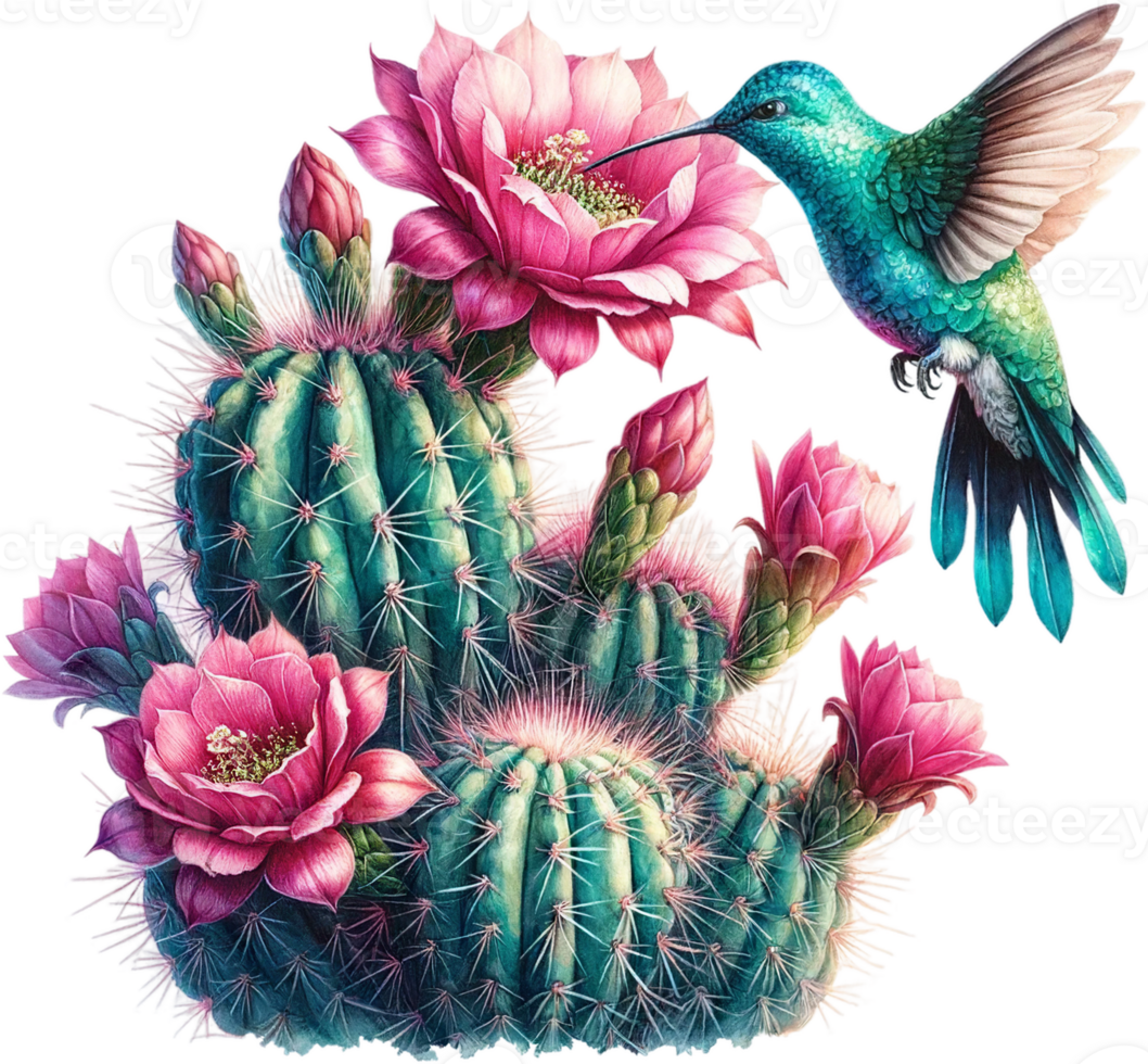 AI generated Hummingbird and Cacti Watercolor Style Illustration png